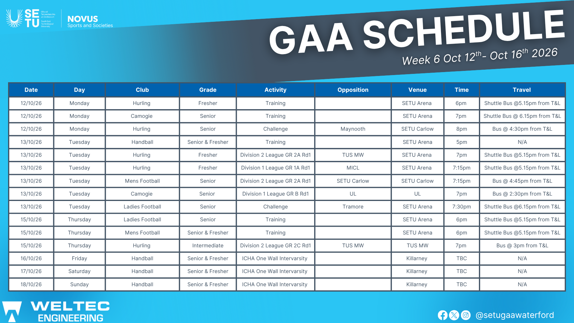 Week 6 GAA SCHEDULE